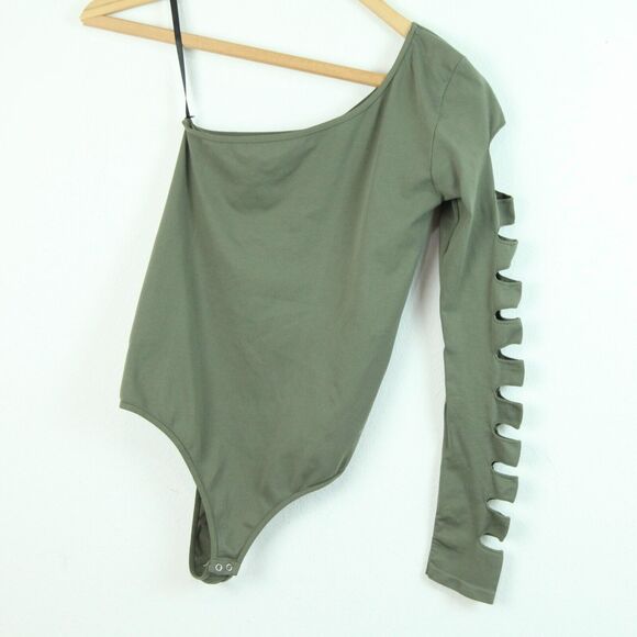 Vintage 90s Y2K Bebe One Sleeve Bodysuit Olive Green Rave Cutout XS S USA - Picture 11 of 14